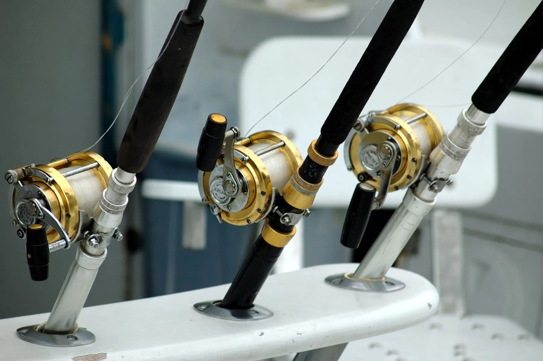 Fishing rods with gold reels in the rod holders of a charter boat