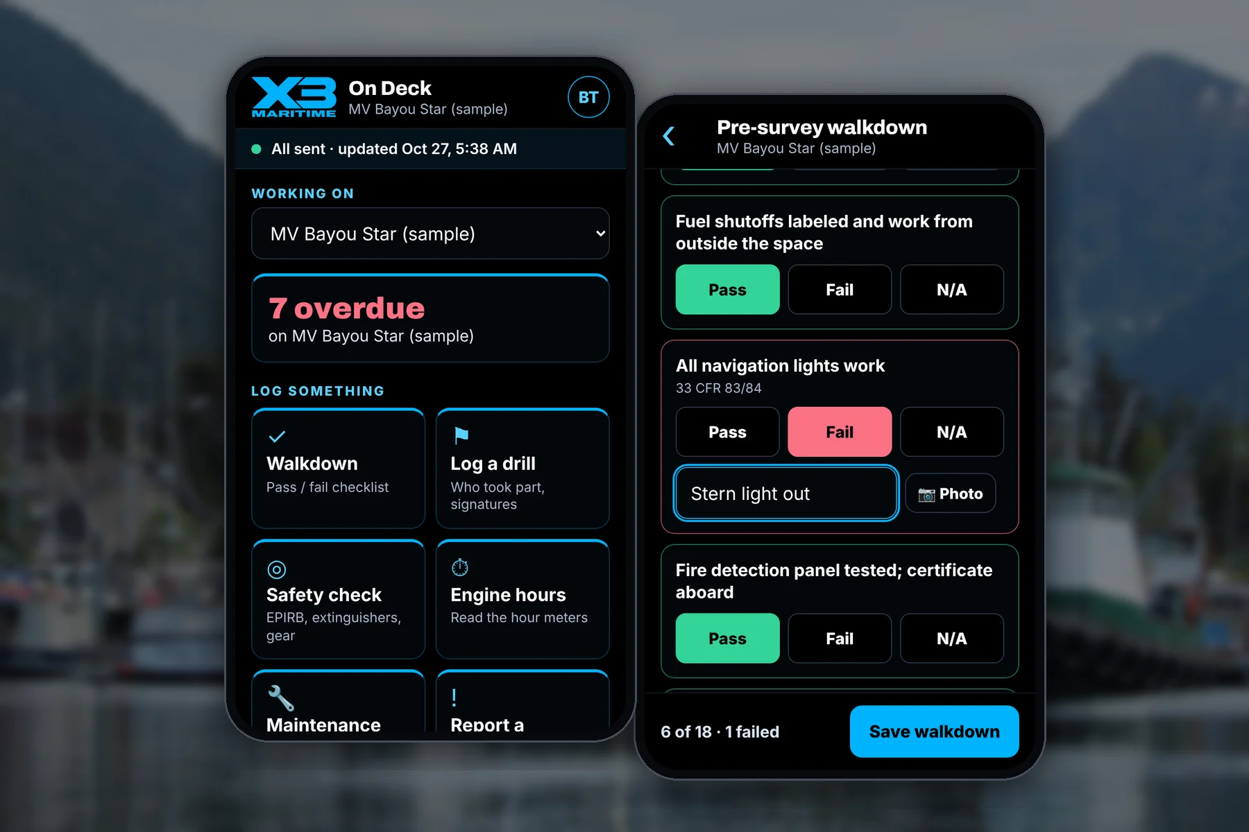 The X3 Maritime On Deck phone app on two phones: a vessel's home screen with what is overdue, and a walkdown checklist with a failed item and a note