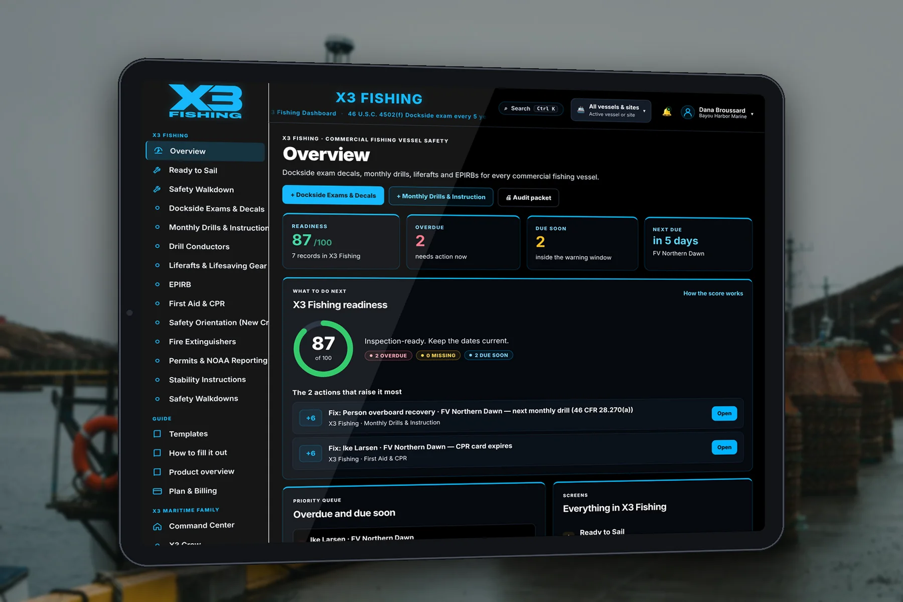 The X3 Fishing dashboard on a tablet, showing a sample fleet's readiness score and next actions