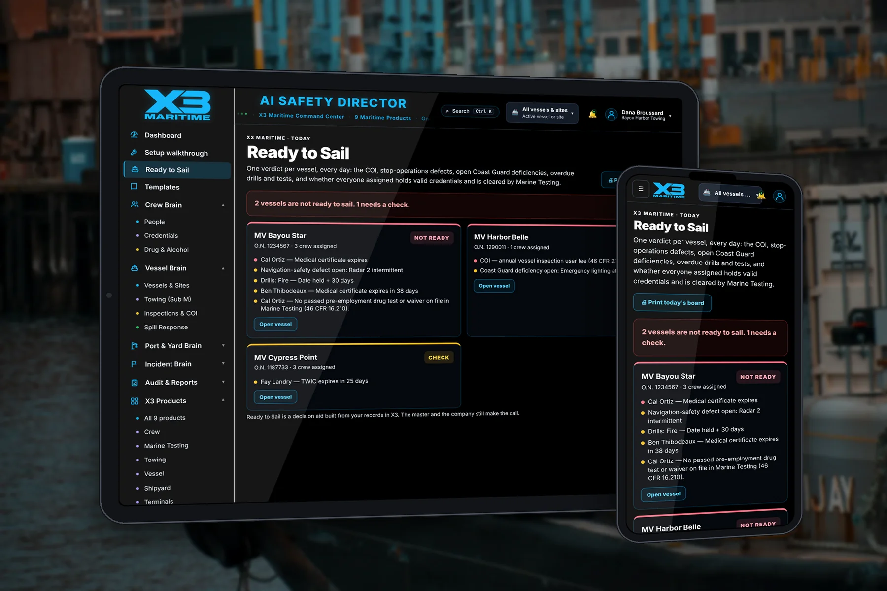 X3 Maritime's Ready to Sail board on a tablet and a phone, showing a sample fleet's vessel-by-vessel verdicts