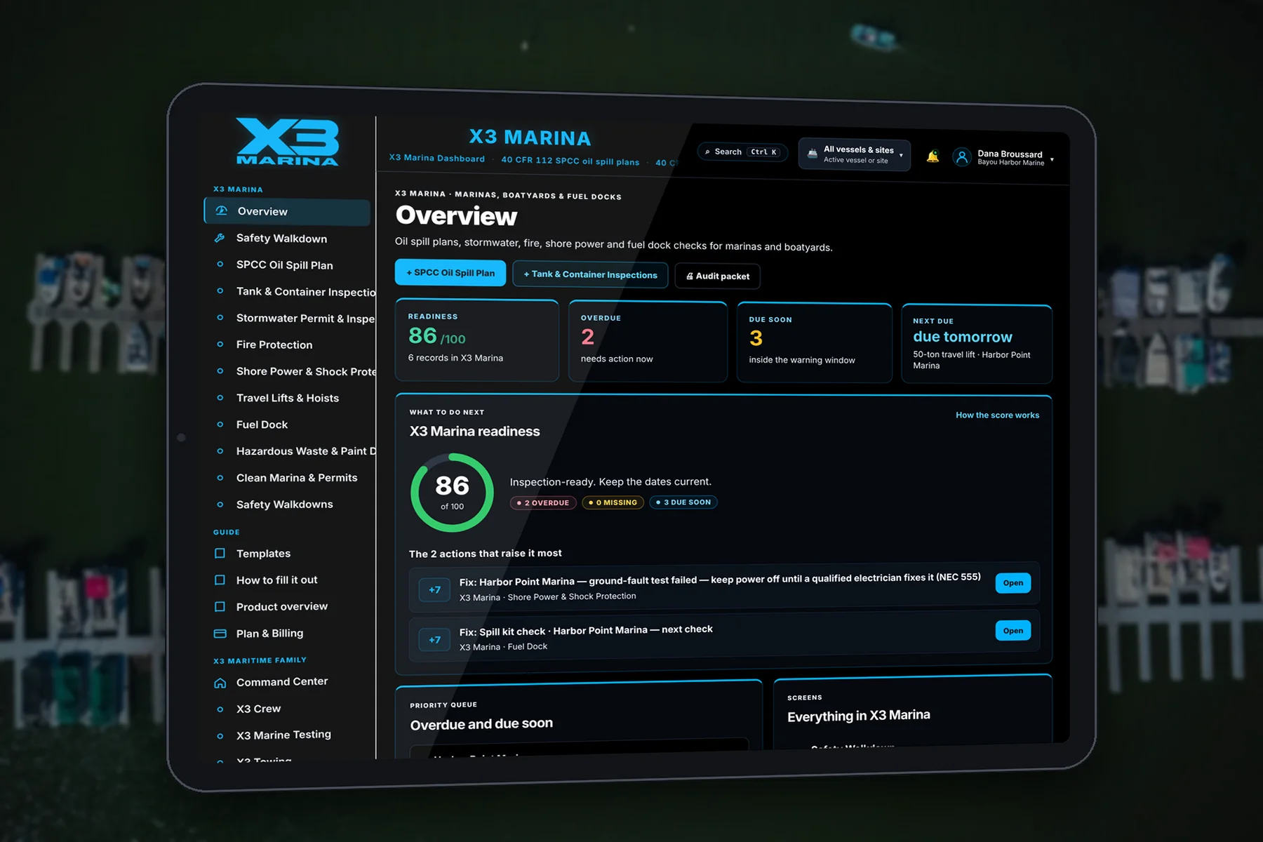 The X3 Marina dashboard on a tablet, showing a sample marina's readiness score and next actions